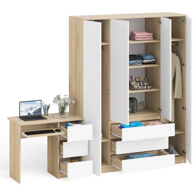 Стол компьютерный однотумбовый правый со шкафом МШ1600 Мори цвет дуб сонома/белый