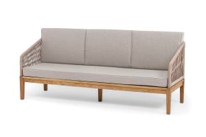 "Канны" диван 3-местный плетеный из роупа, основание дуб, роуп бежевый круглый, ткань бежевая 15052