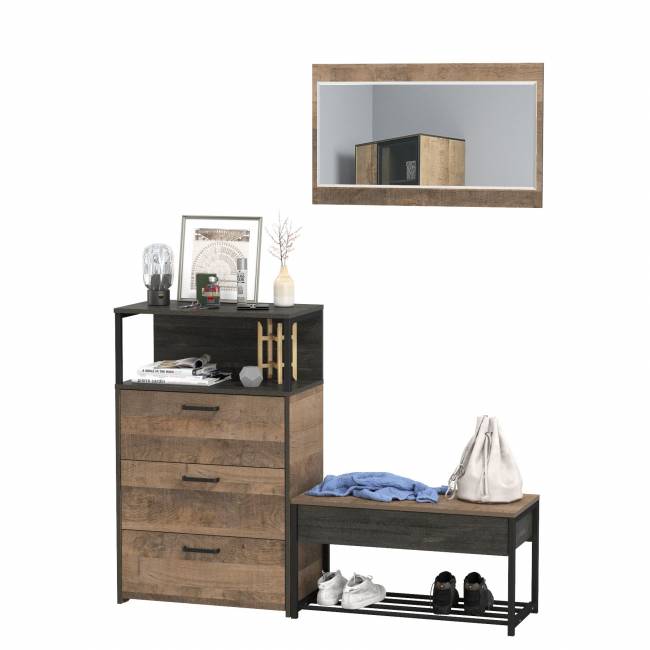Комод с ящиками и обувница с сиденьем с зеркалом Трувор цвет дуб гранж песочный/интра