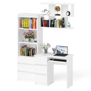 Стол для работы три ящкиа слева Мори с навесной полкой на 900 и стеллаж-комод три ящика цвет белый