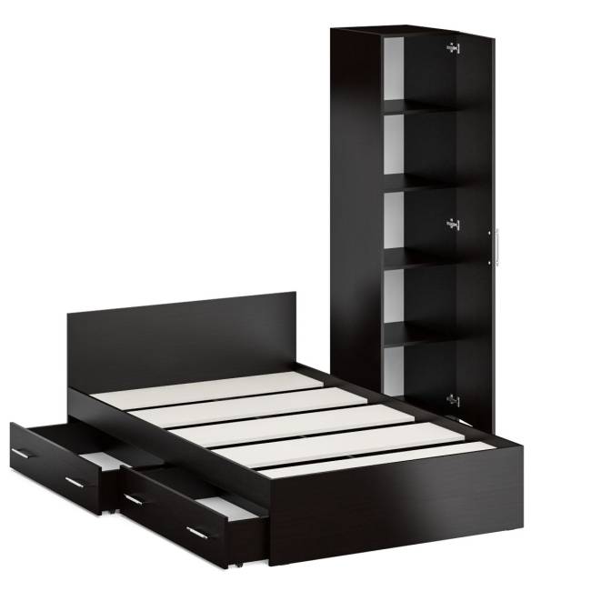 Односпальная кровать с ящиками 1200 с пеналом Стандарт цвет венге