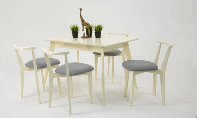 Стол Сканди 120 слоновая кость со стульями Франк слоновая кость рогожка серый