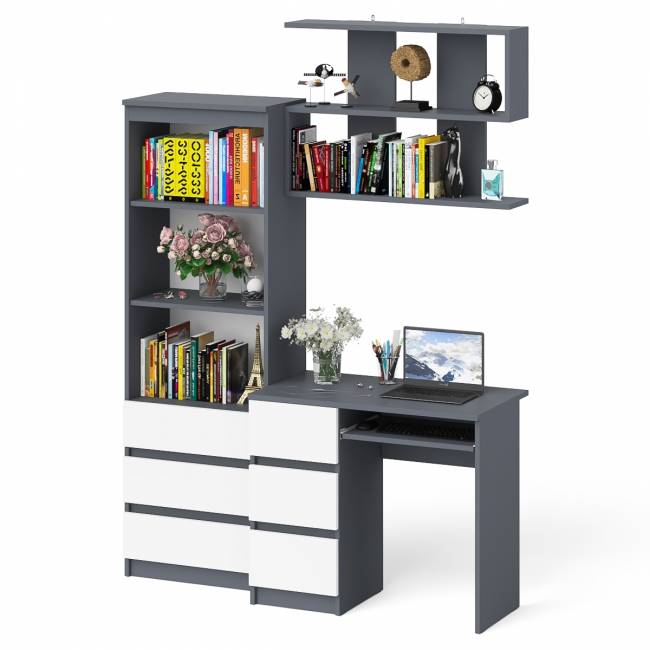 Стол для работы три ящкиа слева Мори с навесной полкой на 900 и стеллаж-комод три ящика цвет графит/белый