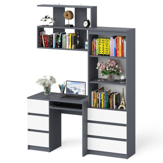 Стол для работы три ящкиа слева Мори с навесной полкой на 900 и стеллаж-комод три ящика цвет графит/белый