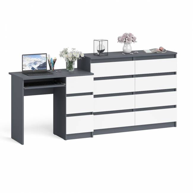 Комод Мори МК1200 8-мь ящиков со столом компьютерным МС-6 правым цвет графит/белый
