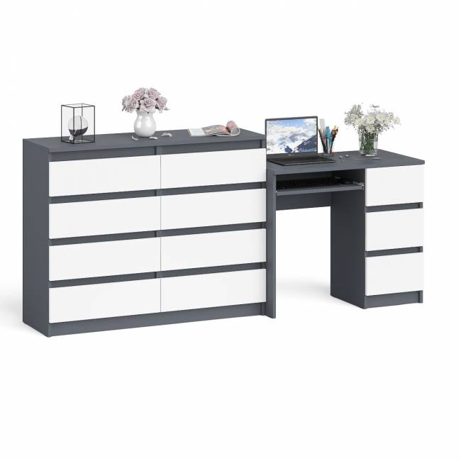 Комод Мори МК1200 8-мь ящиков со столом компьютерным МС-6 правым цвет графит/белый
