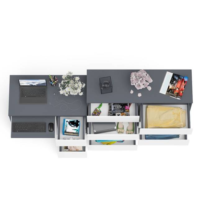 Комод Мори МК1200 8-мь ящиков со столом компьютерным МС-6 правым цвет графит/белый