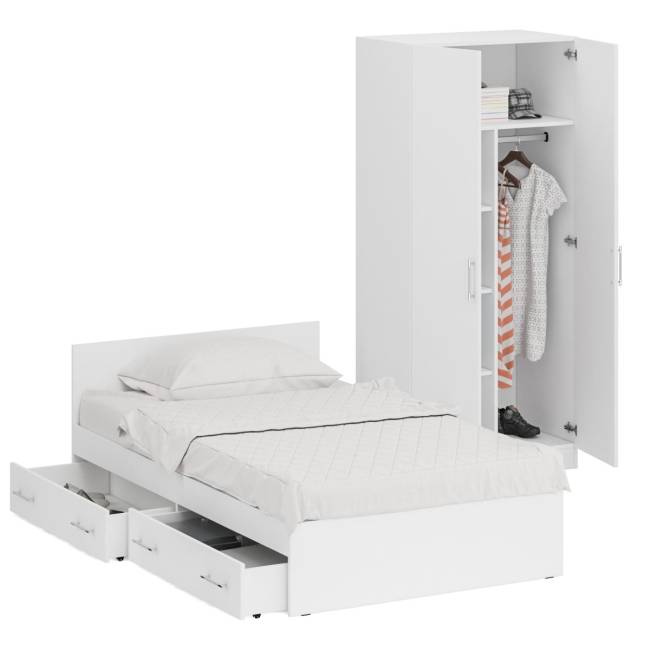 Односпальная Кровать белая с ящиками 1200 со шкафом для одежды 2-х створчатым Стандарт цвет белый