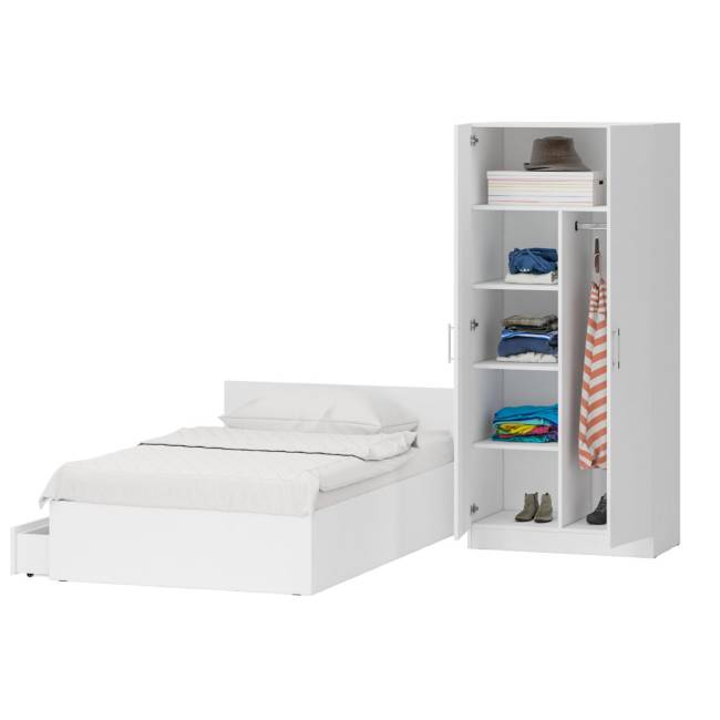 Односпальная Кровать белая с ящиками 1200 со шкафом для одежды 2-х створчатым Стандарт цвет белый