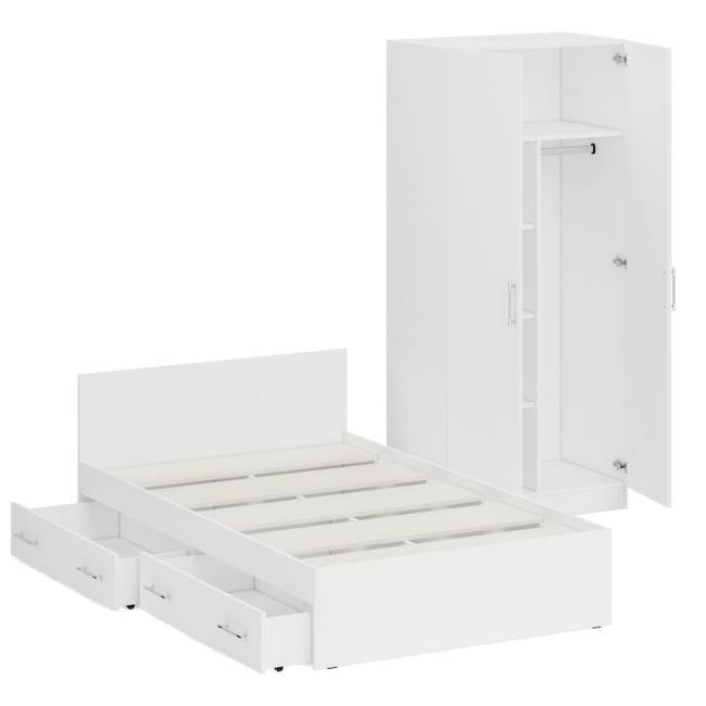 Односпальная Кровать белая с ящиками 1200 со шкафом для одежды 2-х створчатым Стандарт цвет белый