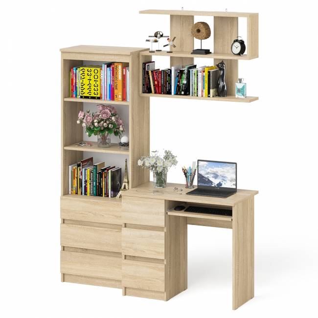 Стол для работы три ящкиа слева Мори с навесной полкой на 900 и стеллаж-комод три ящика цвет дуб сонома