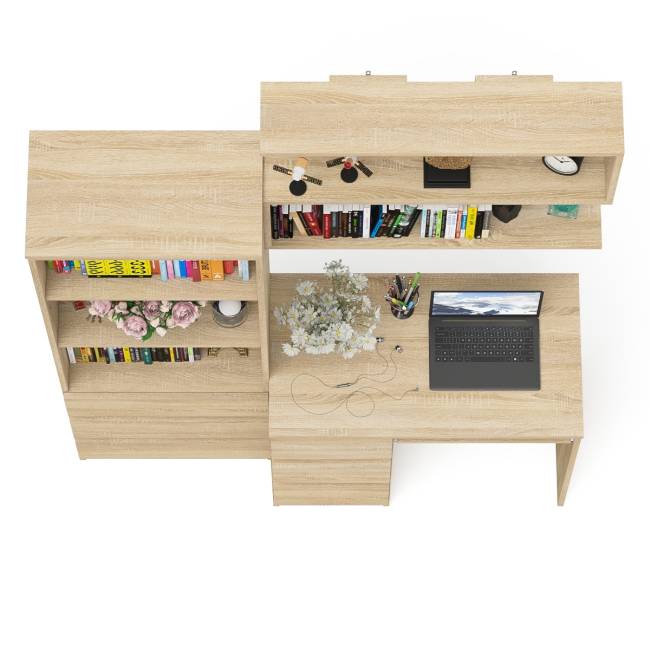 Стол для работы три ящкиа слева Мори с навесной полкой на 900 и стеллаж-комод три ящика цвет дуб сонома