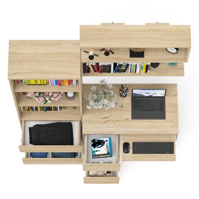 Стол для работы три ящкиа слева Мори с навесной полкой на 900 и стеллаж-комод три ящика цвет дуб сонома