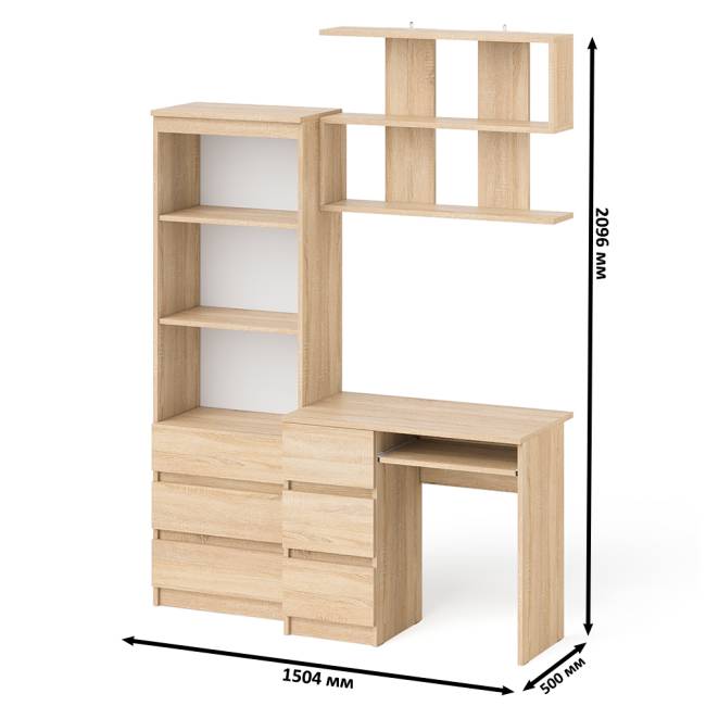 Стол для работы три ящкиа слева Мори с навесной полкой на 900 и стеллаж-комод три ящика цвет дуб сонома