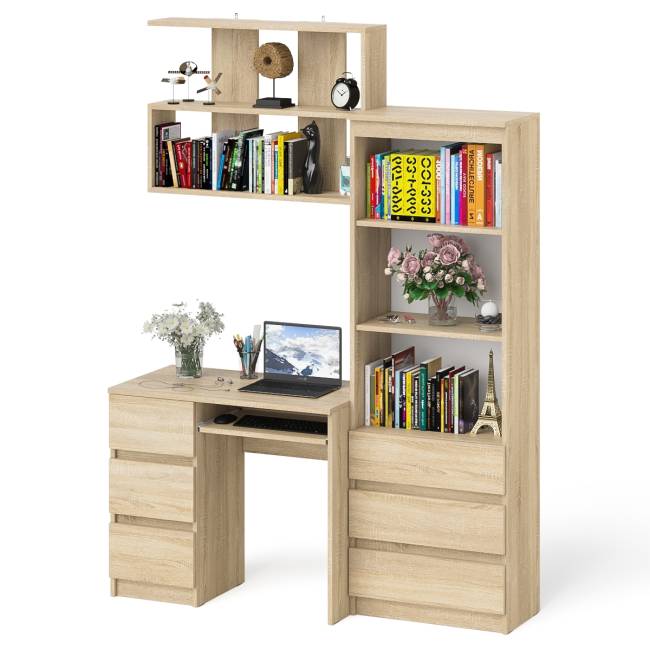 Стол для работы три ящкиа слева Мори с навесной полкой на 900 и стеллаж-комод три ящика цвет дуб сонома