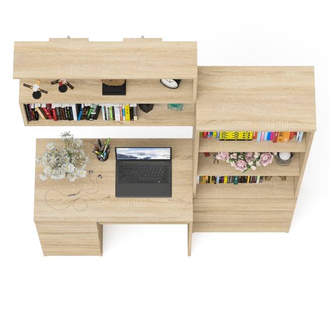 Стол для работы три ящкиа слева Мори с навесной полкой на 900 и стеллаж-комод три ящика цвет дуб сонома