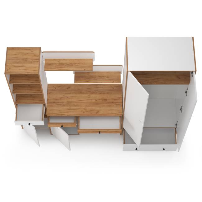 Мебельная стенка в молодёжную комнату Вуди № 23 цвет белый премиум/дуб крафт золотой