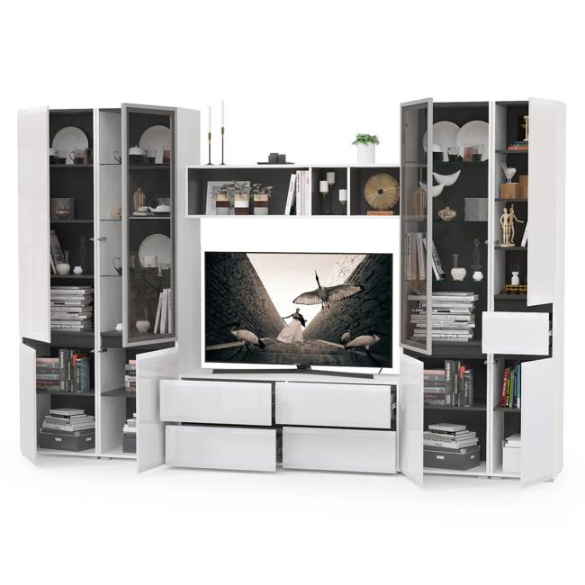 Широкая гостиная Сидней № 28 цвет белый/чёрный/фасады МДФ белый глянец Широкая гостиная Сидней № 28 цвет белый/чёрный/фасады МДФ белый глянец