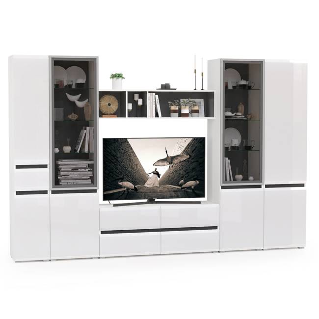 Широкая гостиная Сидней № 28 цвет белый/чёрный/фасады МДФ белый глянец Широкая гостиная Сидней № 28 цвет белый/чёрный/фасады МДФ белый глянец