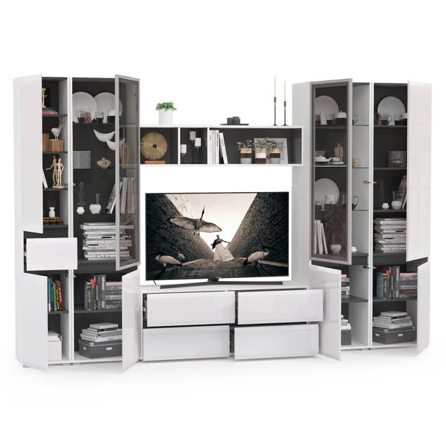 Широкая гостиная Сидней № 28 цвет белый/чёрный/фасады МДФ белый глянец Широкая гостиная Сидней № 28 цвет белый/чёрный/фасады МДФ белый глянец