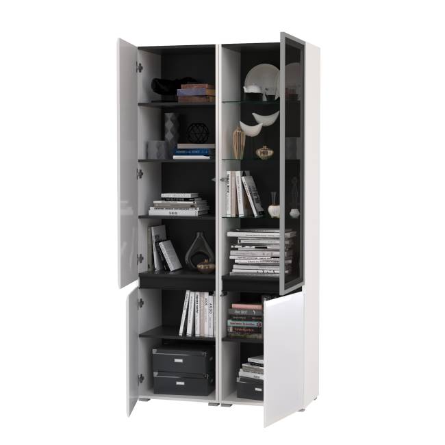 Сидней Шкаф-пенал с дверками и шкаф-витрина 13.201 цвет белый/чёрный/МДФ белый глянец/стекло