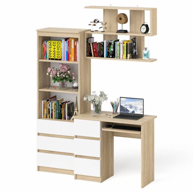 Стол для работы три ящкиа слева Мори с навесной полкой на 900 и стеллаж-комод три ящика цвет дуб сонома/белый
