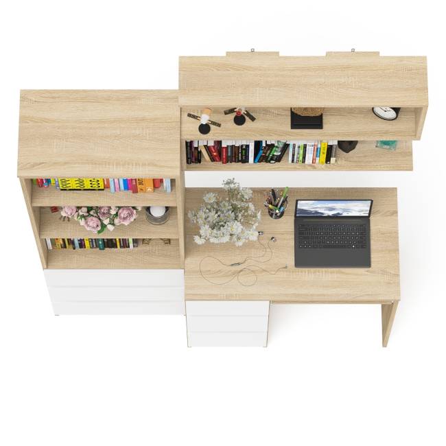 Стол для работы три ящкиа слева Мори с навесной полкой на 900 и стеллаж-комод три ящика цвет дуб сонома/белый