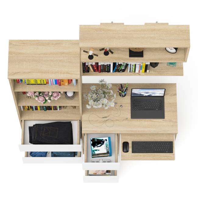 Стол для работы три ящкиа слева Мори с навесной полкой на 900 и стеллаж-комод три ящика цвет дуб сонома/белый