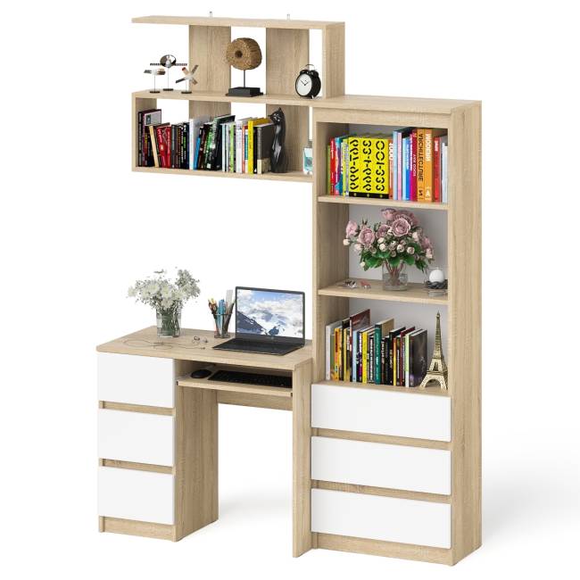Стол для работы три ящкиа слева Мори с навесной полкой на 900 и стеллаж-комод три ящика цвет дуб сонома/белый