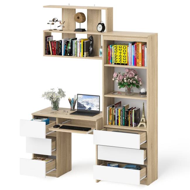 Стол для работы три ящкиа слева Мори с навесной полкой на 900 и стеллаж-комод три ящика цвет дуб сонома/белый