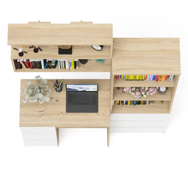 Стол для работы три ящкиа слева Мори с навесной полкой на 900 и стеллаж-комод три ящика цвет дуб сонома/белый
