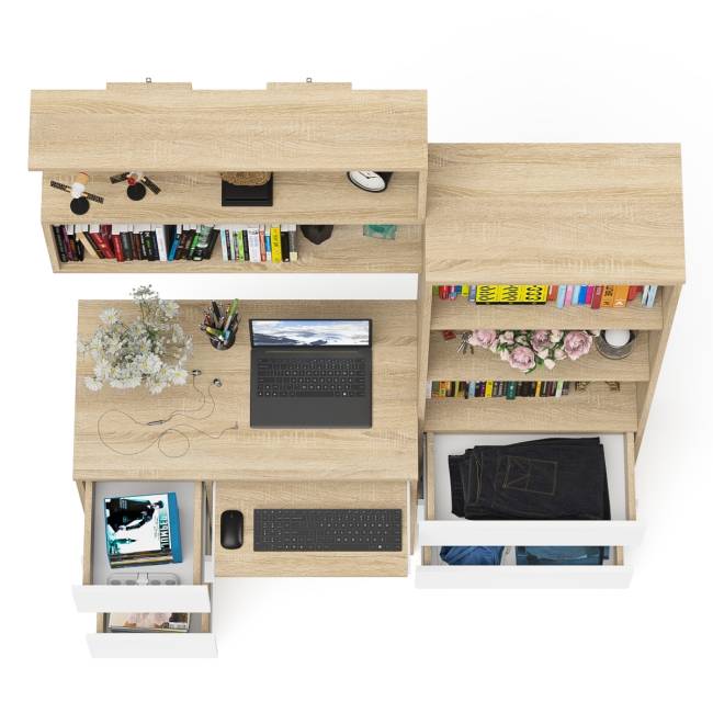 Стол для работы три ящкиа слева Мори с навесной полкой на 900 и стеллаж-комод три ящика цвет дуб сонома/белый