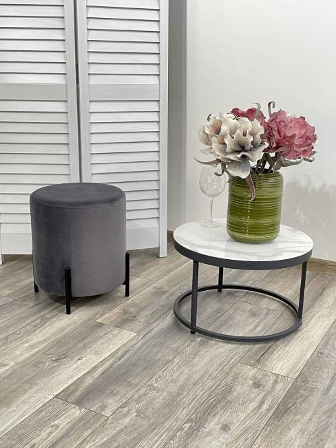 Пуф для гостиной ФЕЛИКС круглый серый #27, велюр / черный каркас М-City