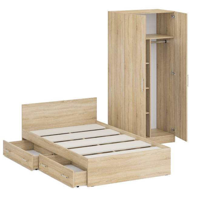 Односпальная кровать с ящиками 1200 со шкафом для одежды 2-х створчатым Стандарт цвет дуб сонома