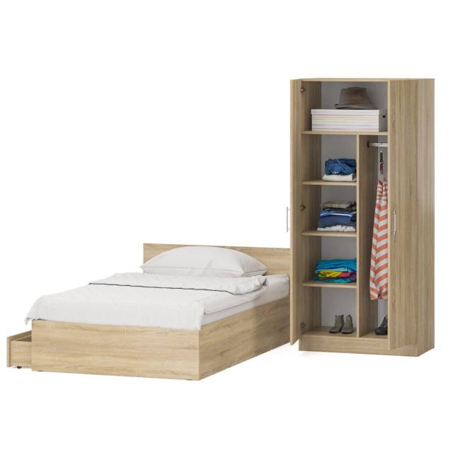 Односпальная кровать с ящиками 1200 со шкафом для одежды 2-х створчатым Стандарт цвет дуб сонома