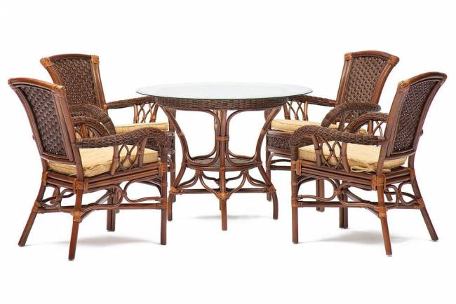 Комплект обеденный "ANDREA" ( стол со стеклом + 4 кресла + подушки) Pecan Washed (античн. орех), Ткань рубчик, цвет кремовый Pecan Washed (античн. орех)