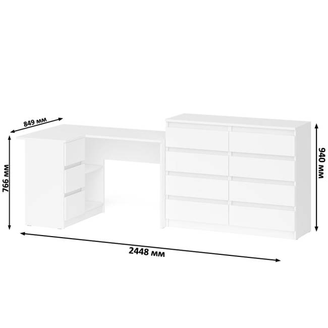 Стол компьютерный МС-16 левый с комодом МК1200 8-мь ящиков Мори цвет белый