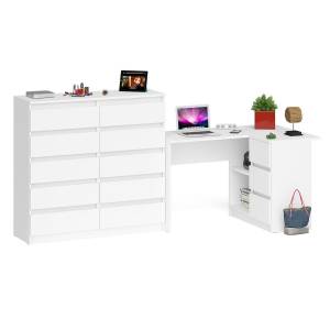 Стол компьютерный МС-16 с тумбой справа и высокий комод на 10-ть ящиков Мори цвет белый