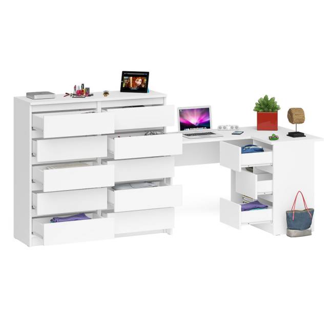 Стол компьютерный МС-16 с тумбой справа и высокий комод на 10-ть ящиков Мори цвет белый