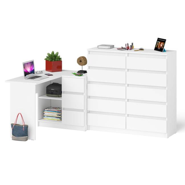 Стол компьютерный МС-16 с тумбой справа и высокий комод на 10-ть ящиков Мори цвет белый