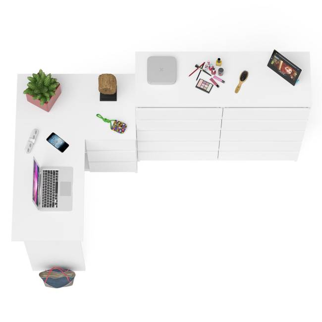 Стол компьютерный МС-16 с тумбой справа и высокий комод на 10-ть ящиков Мори цвет белый