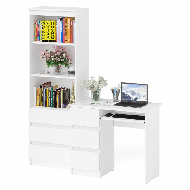 Стол компьютерный с тумбой с ящиками слева и стеллаж-комод МСТ600.3 Мори цвет белый