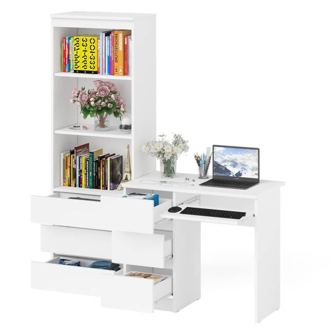 Стол компьютерный с тумбой с ящиками слева и стеллаж-комод МСТ600.3 Мори цвет белый