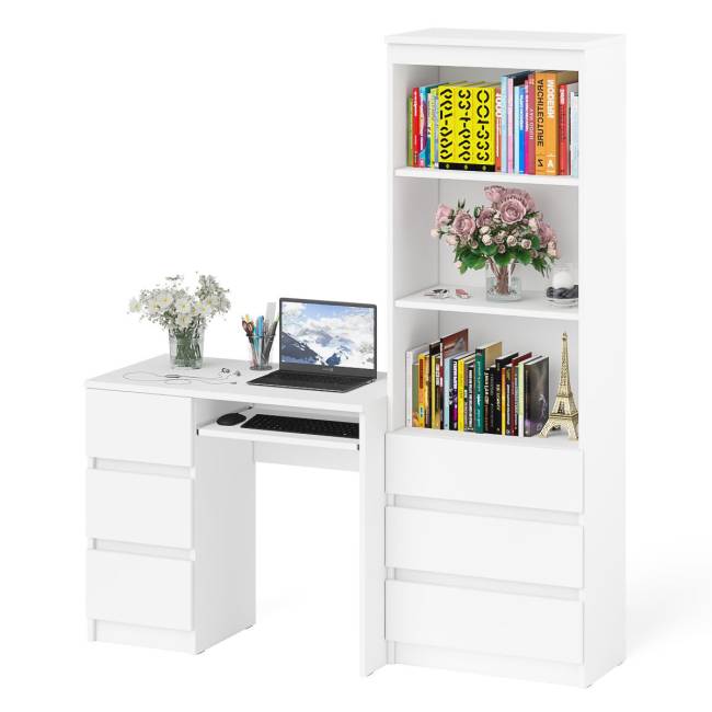 Стол компьютерный с тумбой с ящиками слева и стеллаж-комод МСТ600.3 Мори цвет белый