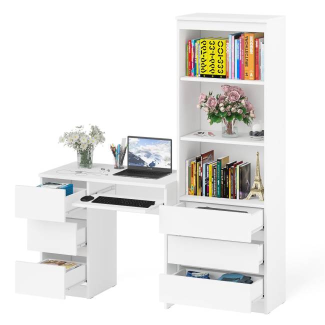 Стол компьютерный с тумбой с ящиками слева и стеллаж-комод МСТ600.3 Мори цвет белый