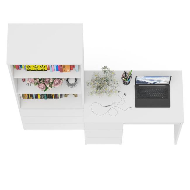 Стол компьютерный с тумбой с ящиками слева и стеллаж-комод МСТ600.3 Мори цвет белый