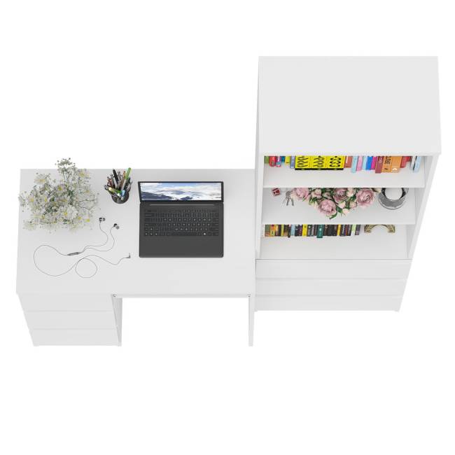 Стол компьютерный с тумбой с ящиками слева и стеллаж-комод МСТ600.3 Мори цвет белый