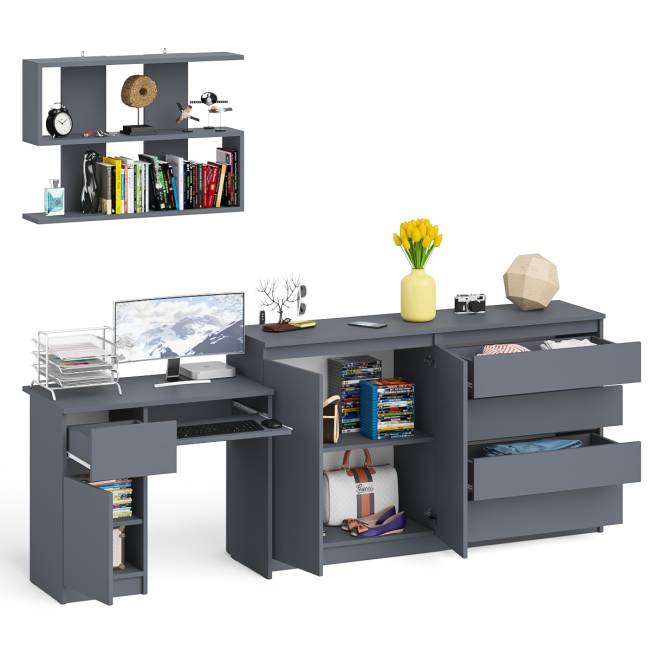 Стол компьютерный дверка и выдвижной ящик слева с комодом МК1600.1 и полкой Мори 900 цвет графит