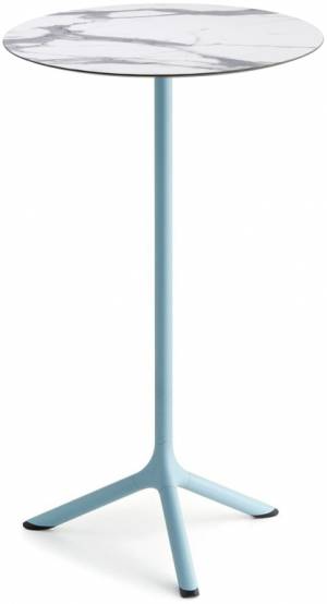 Стол ламинированный барный Tripe голубой, белый мрамор Каррара Ø600х1100 мм