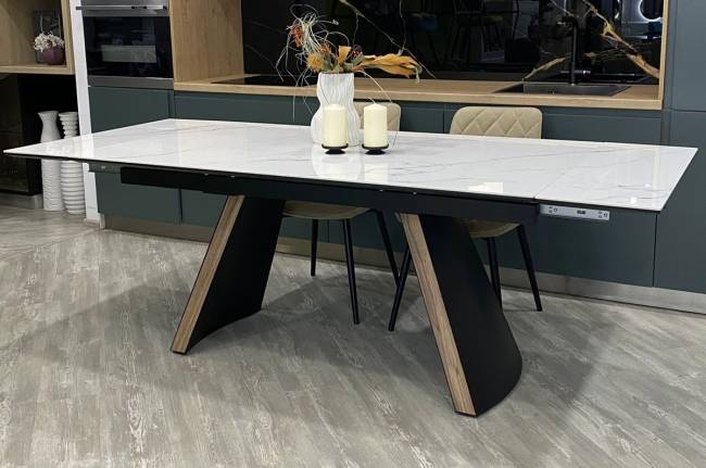 Стол РАНДЕВУ 160 БЕЛЫЙ МРАМОР МАТОВЫЙ 9806035 , керамика / Черный, Орех эко, М-City